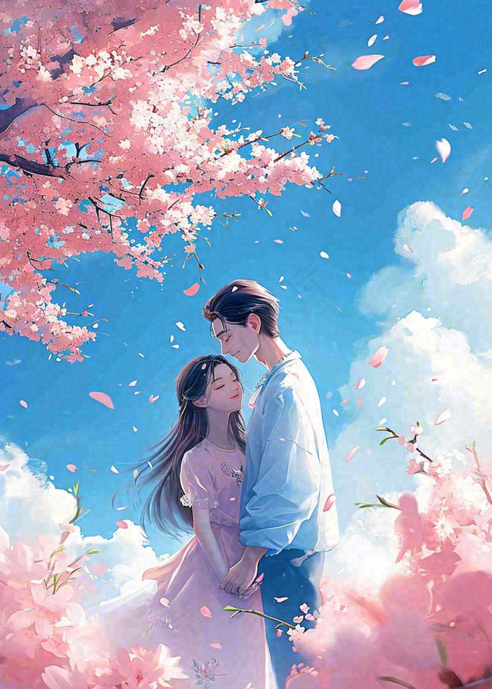 爱情情侣拥抱情人节浪漫粉色花朵，蓝天白云(896x1254)