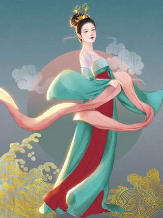 复古中国风国潮神话人物敦煌插画仙女手绘海报背景PSD设计素材