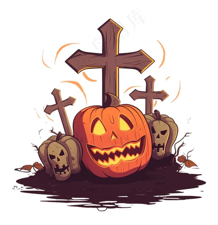 十字架坟墓南瓜怪物蝙蝠恐怖卡通插画免抠