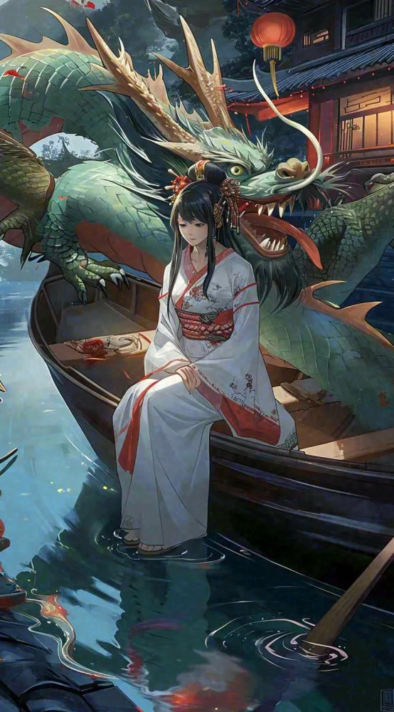 古风仙侠暗黑人物在河流上，龙中国风插画(816x1472)