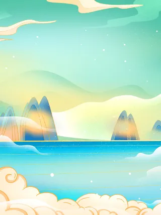 中国风国潮风山水祥云插画图案首页装修海报背景PSD设计模板素材