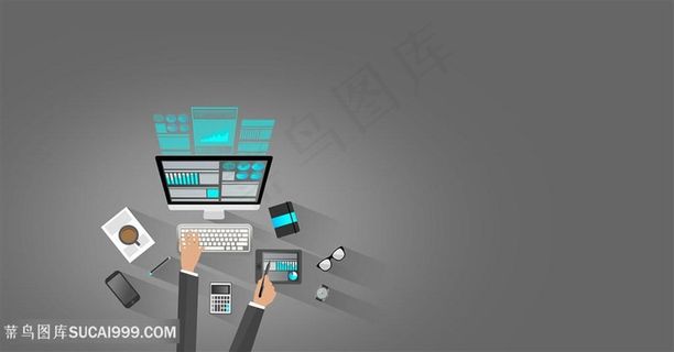 创意电脑前办公场景俯视图