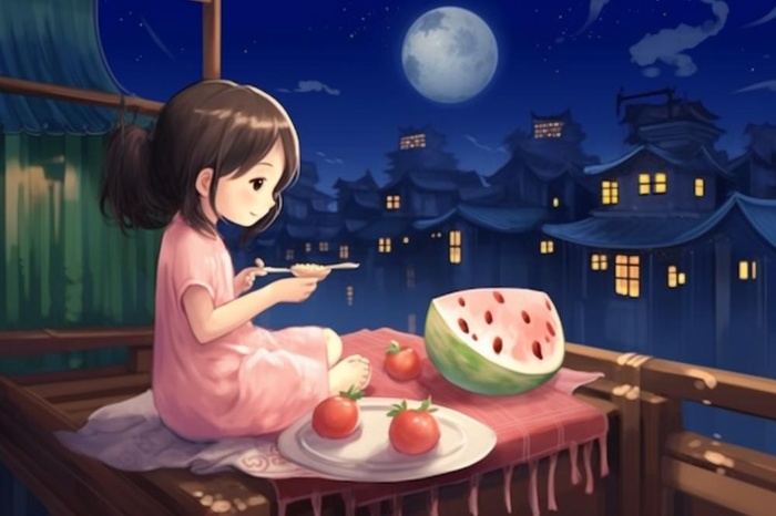 夜晚窗边赏月人物插画背景(1344x896)