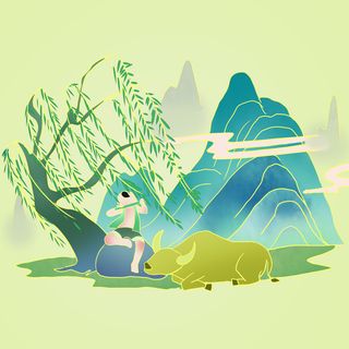 清明清明节卡通牧童吹笛子场景