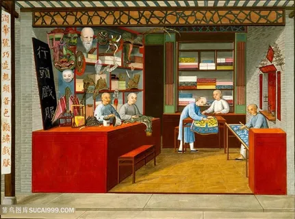 古代戏服面具集市贸易场景绘画图片