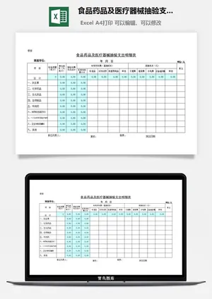 食品药品及医疗器械抽验支出明细表excel模板预览图