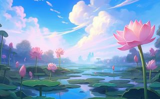 夏日荷花池塘天空插画背景