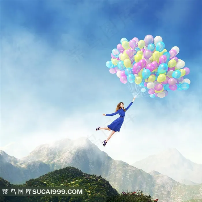 抓彩色气球飞行的美女创意摄影图片