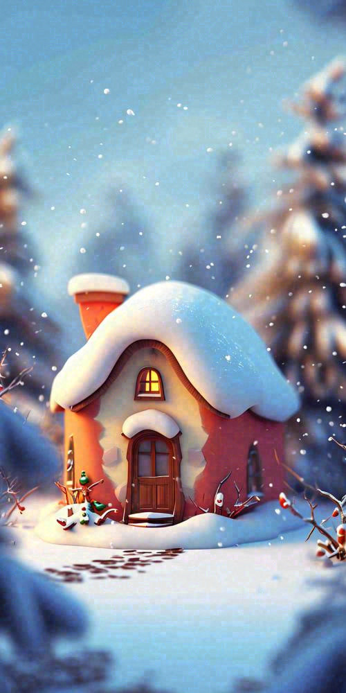 冬天红色雪屋雪地雪花，卡通可爱