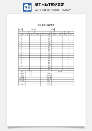 员工出勤工薪记算表word模板