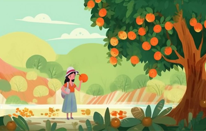 女孩摘树上的水果丰收插画背景