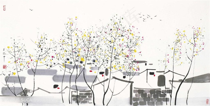 吴冠中手绘农房树枝水墨装饰画