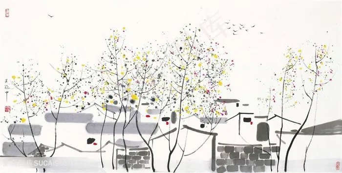 吴冠中手绘农房树枝水墨装饰画