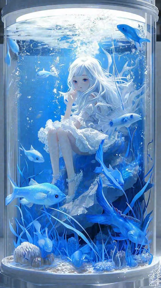 蓝色水面美人鱼，鱼类少女动漫漫画手绘插画(816x1456)