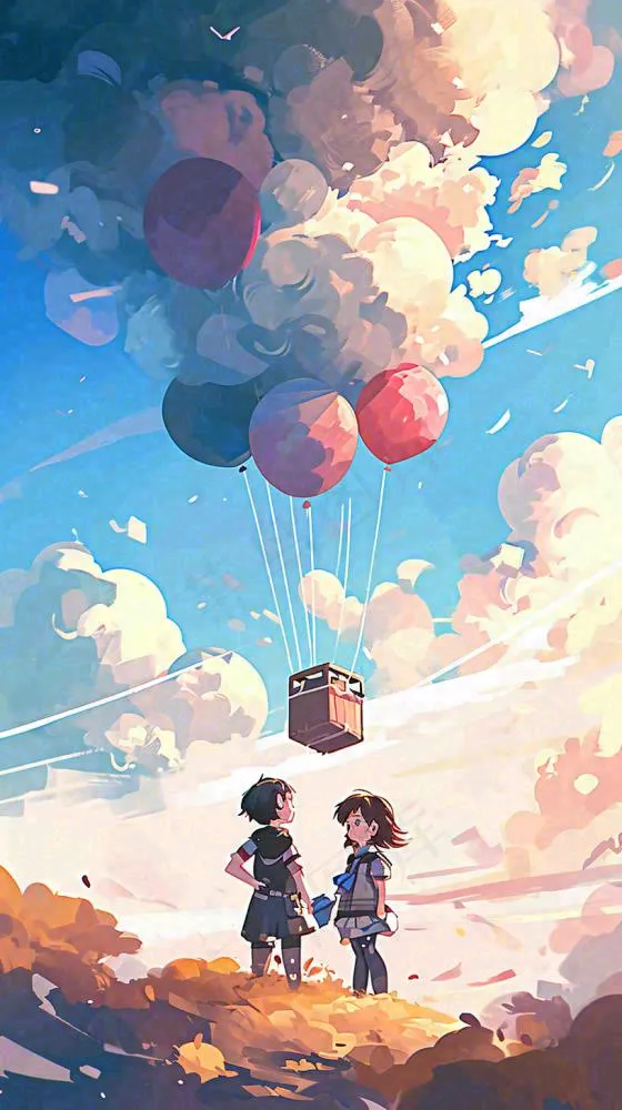 儿童节温馨蓝天白云热气球，活力玩耍卡通手绘插画(816x1456)