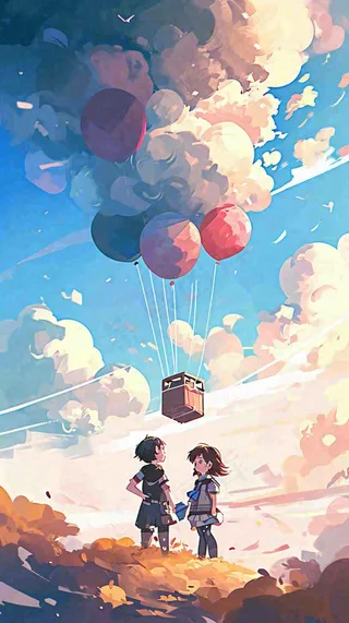 儿童节温馨蓝天白云热气球，活力玩耍卡通手绘插画