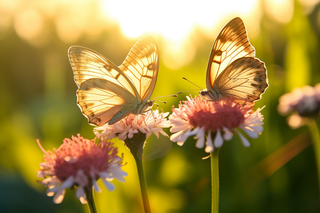 阳光下的两只蝴蝶停留在花朵上摄影图