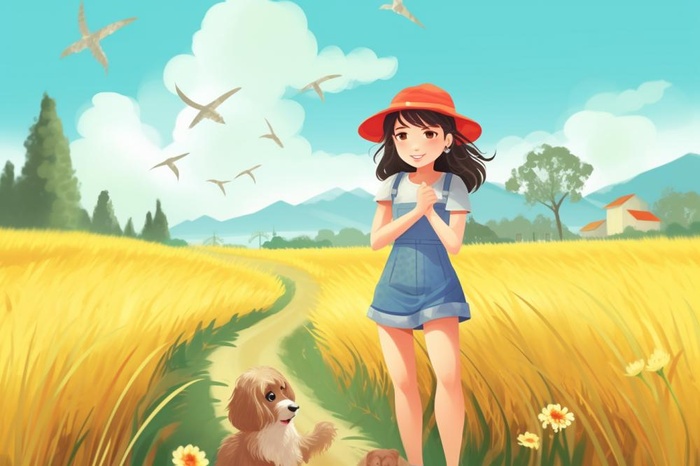田园简约女孩插画背景(1344x896)