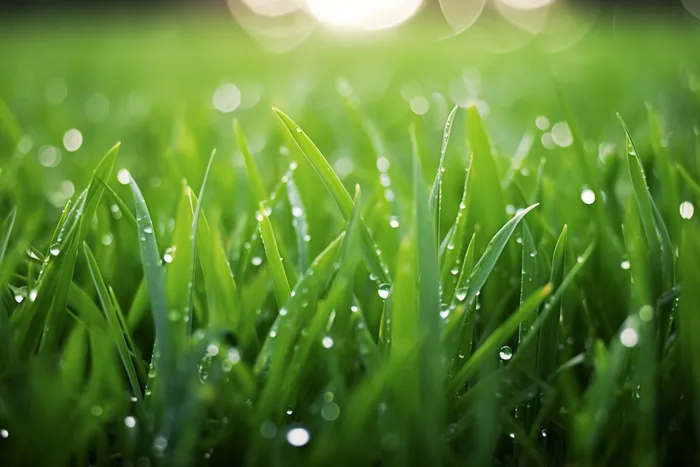 清晨草坪的嫩叶上挂满了露珠摄影图