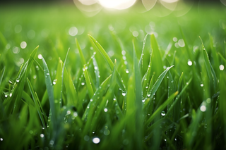 清晨草坪的嫩叶上挂满了露珠摄影图