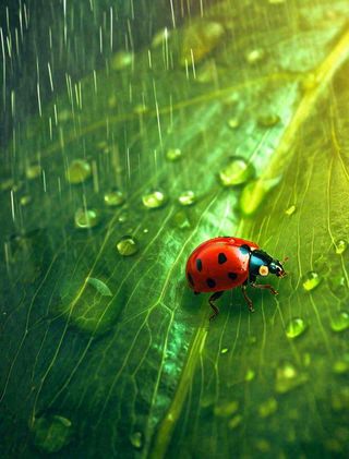 下雨，绿色树叶上，七星瓢虫，雨水，惊蛰，谷雨，春天摄影图