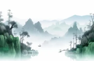 中国山水竹子水墨画绿色背景