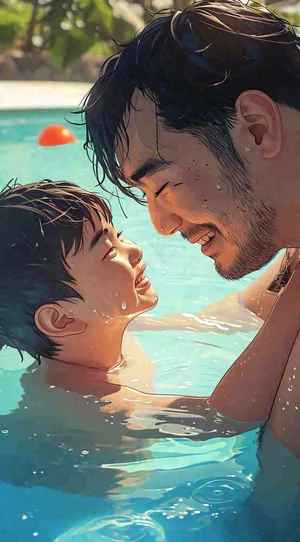 夏日泳池父爱父亲节家庭游泳，蓝天阳光，大暑小暑暑期