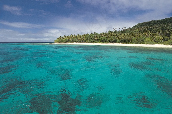 蓝色海水边的椰林岛屿