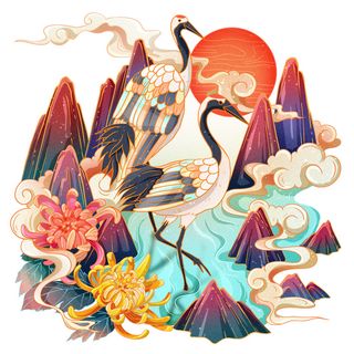 中国风国潮仙鹤山水插画手绘元素场景PSD设计素材