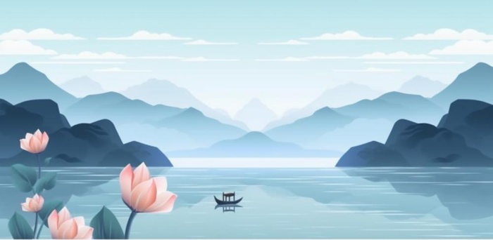 山水画湖泊花背景(1200x587)