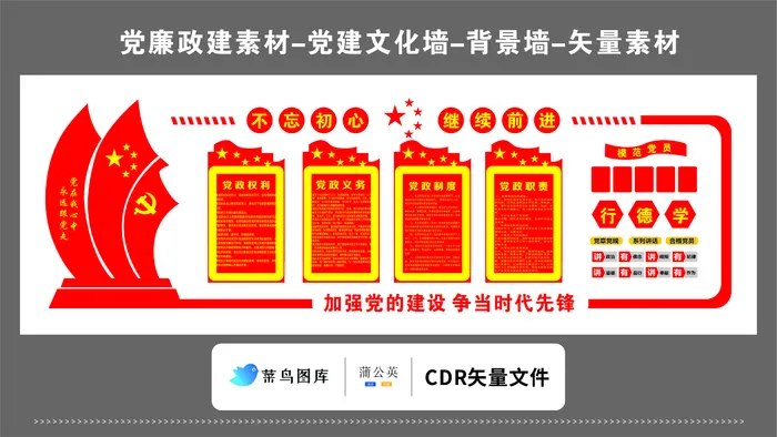 党建文化墙党建素材CDR预览图红色背景不忘初心继续前行帆船国旗党徽cdr矢量模版下载