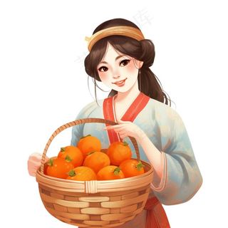 抱着一篮橘子的少女卡通插画免抠