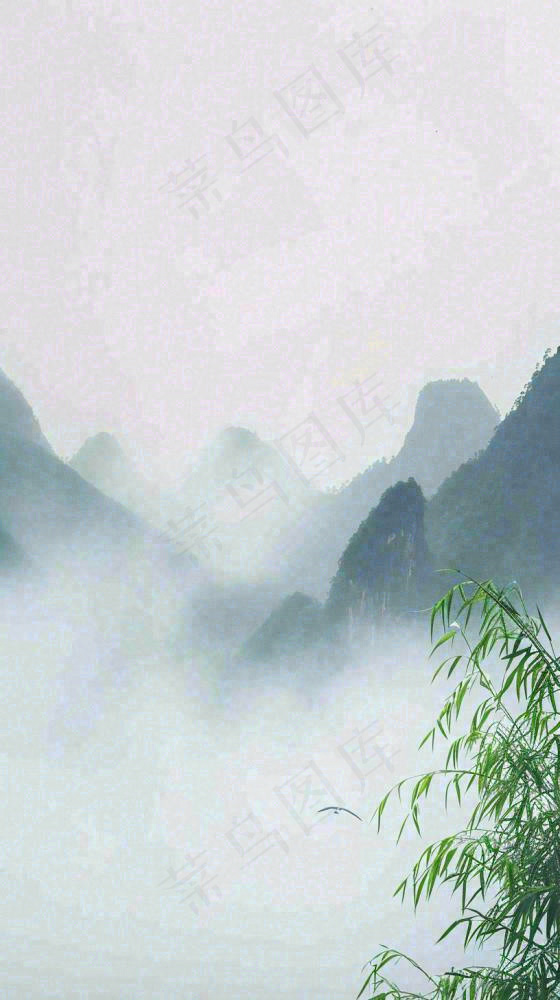 中国风云雾山脉意境竹叶山雾画插画(816x1456)