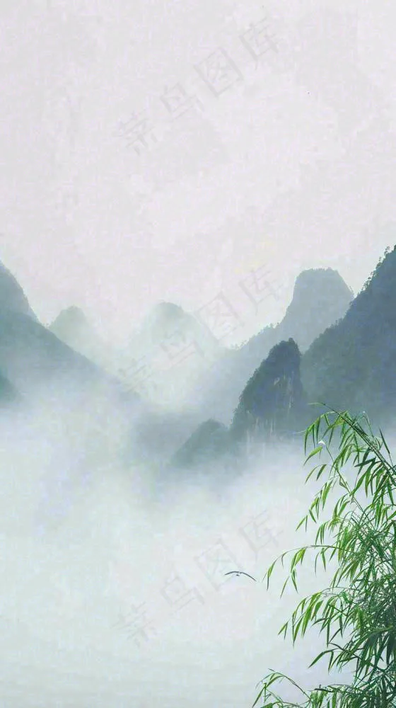 中国风云雾山脉意境竹叶山雾画插画(816x1456)