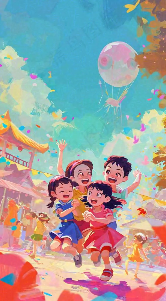 欢乐游乐场孩子游玩卡通插画手绘，儿童节童年(816x1472)