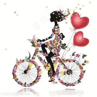 唯美爱心自行车美女花卉插画