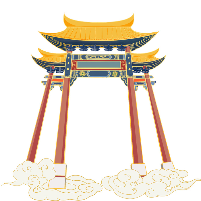 中国风复古式国潮门楼手绘城门插画牌楼建筑PSD素材png免扣图