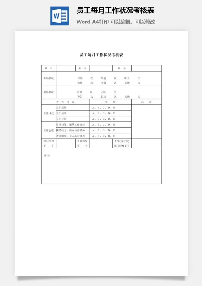 员工每月工作状况考核表word模板