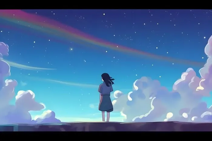 天空彩虹白云毕业的女孩插画背景(5376x3584)