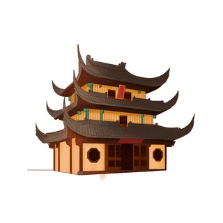 复古中国风国潮古建筑插画手绘高楼古塔PSD素材亭子png免抠图