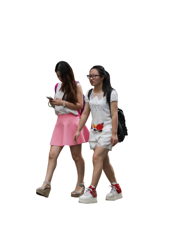 亚裔人物青年 美女走路玩手机