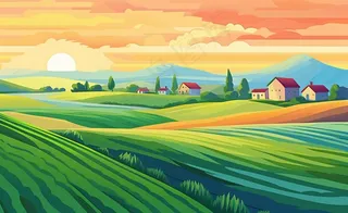 乡村村庄美丽风景河流插画农田插画背景