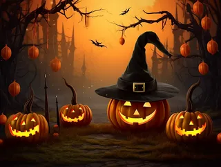 万圣节南瓜蝙蝠城堡恐怖夜晚插画背景