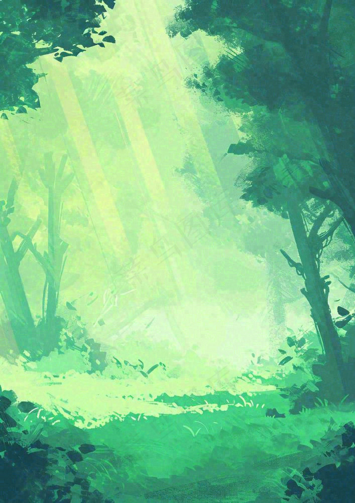 春意盎然的树林里阳光洒下绿草茵茵的水彩画(928x1312)