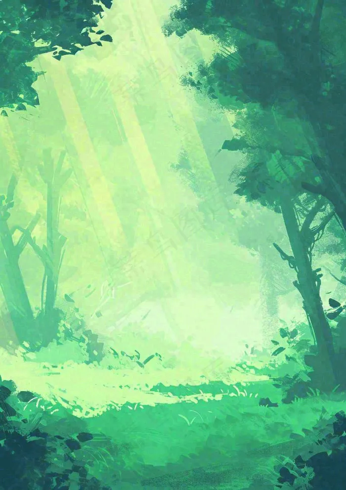 春意盎然的树林里阳光洒下绿草茵茵的水彩画(928x1312)