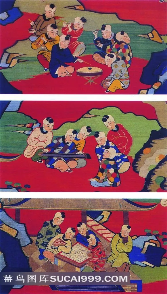 古典孩童打鼓下棋弹琴刺绣图案