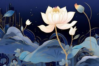 简约意境山水荷花蓝色背景