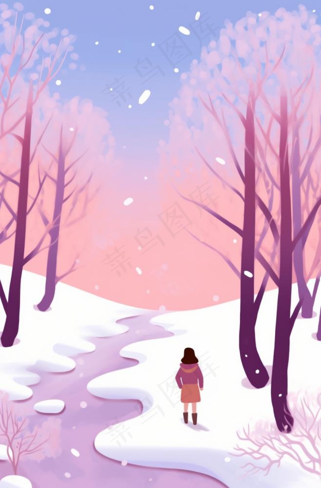 冬天下雪女孩走在森林的道路白雪紫粉色卡通插画背景(896x1360)