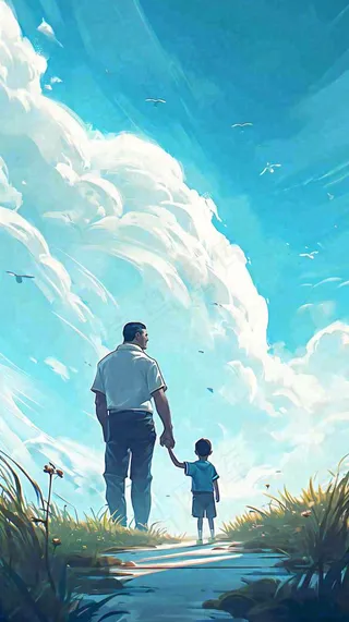 蓝天白云下父亲牵着手，父爱背影亲情伟大感恩
