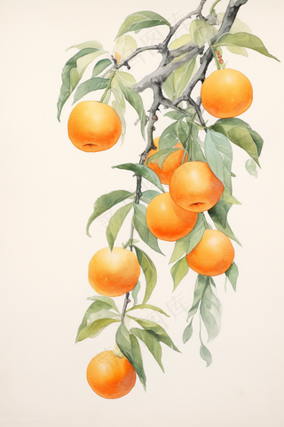 橘子树枝水彩插画素材 